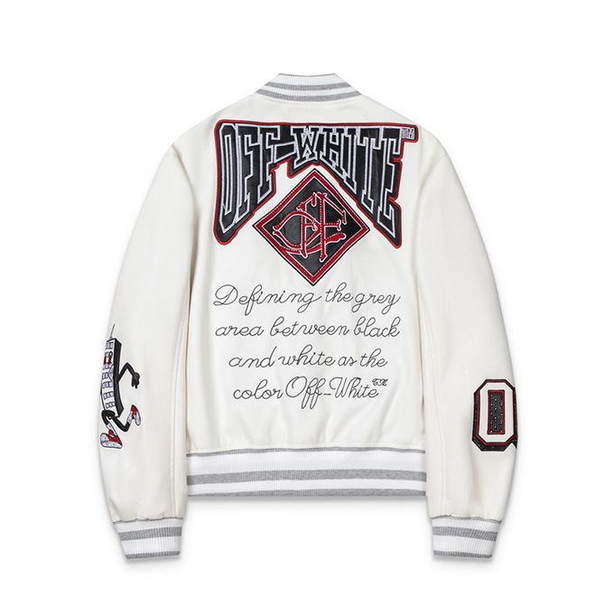 off white heavy embroidery rhinestone leather panel varsity jacket